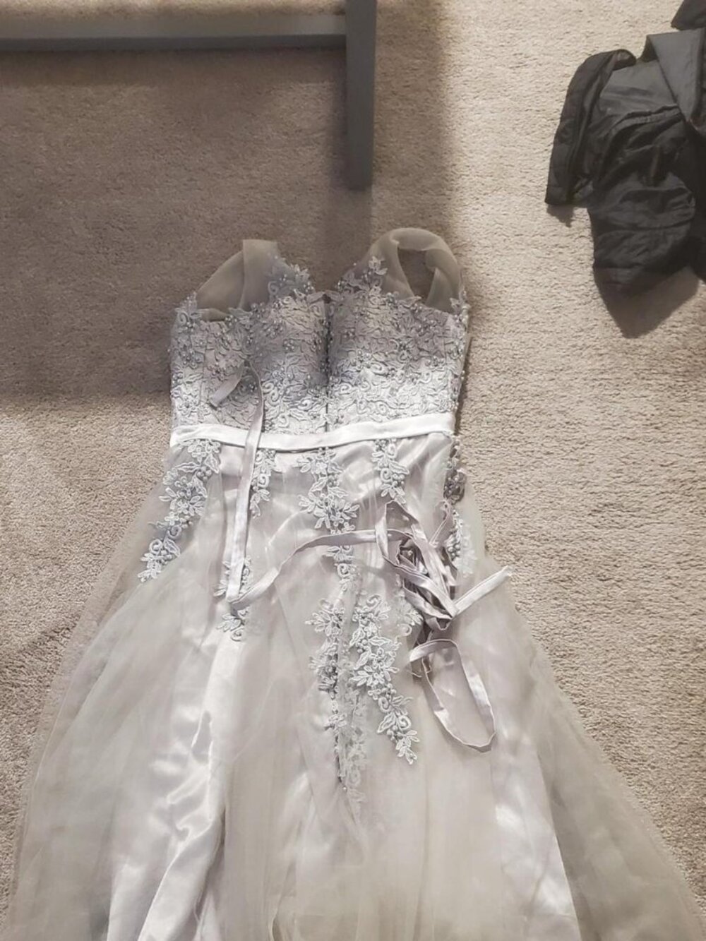 Silver Gray Tulle Prom Dress Lace Applique Corset Back Formal Gown